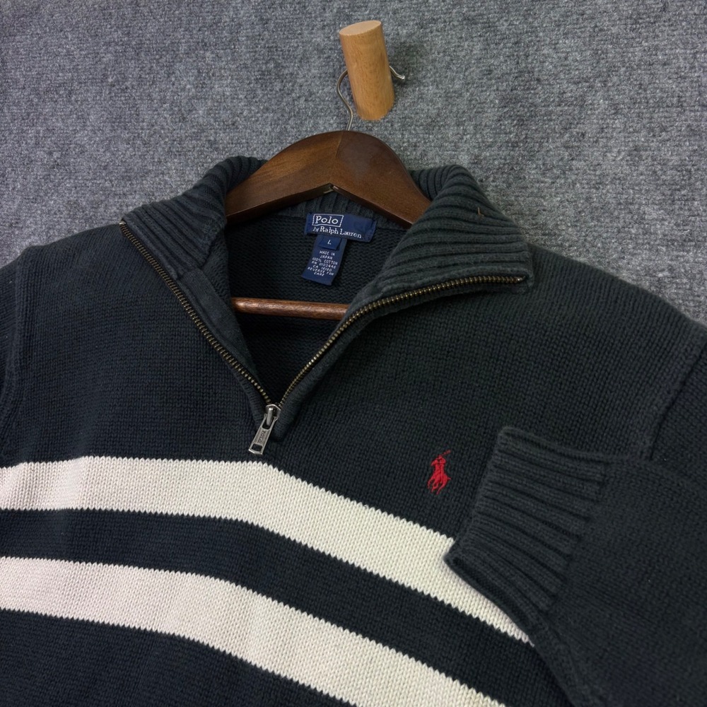 Polo Ralph Lauren Sweater Mens L Navy Blue White Stripe 1/4 Zip Cotton Pullover